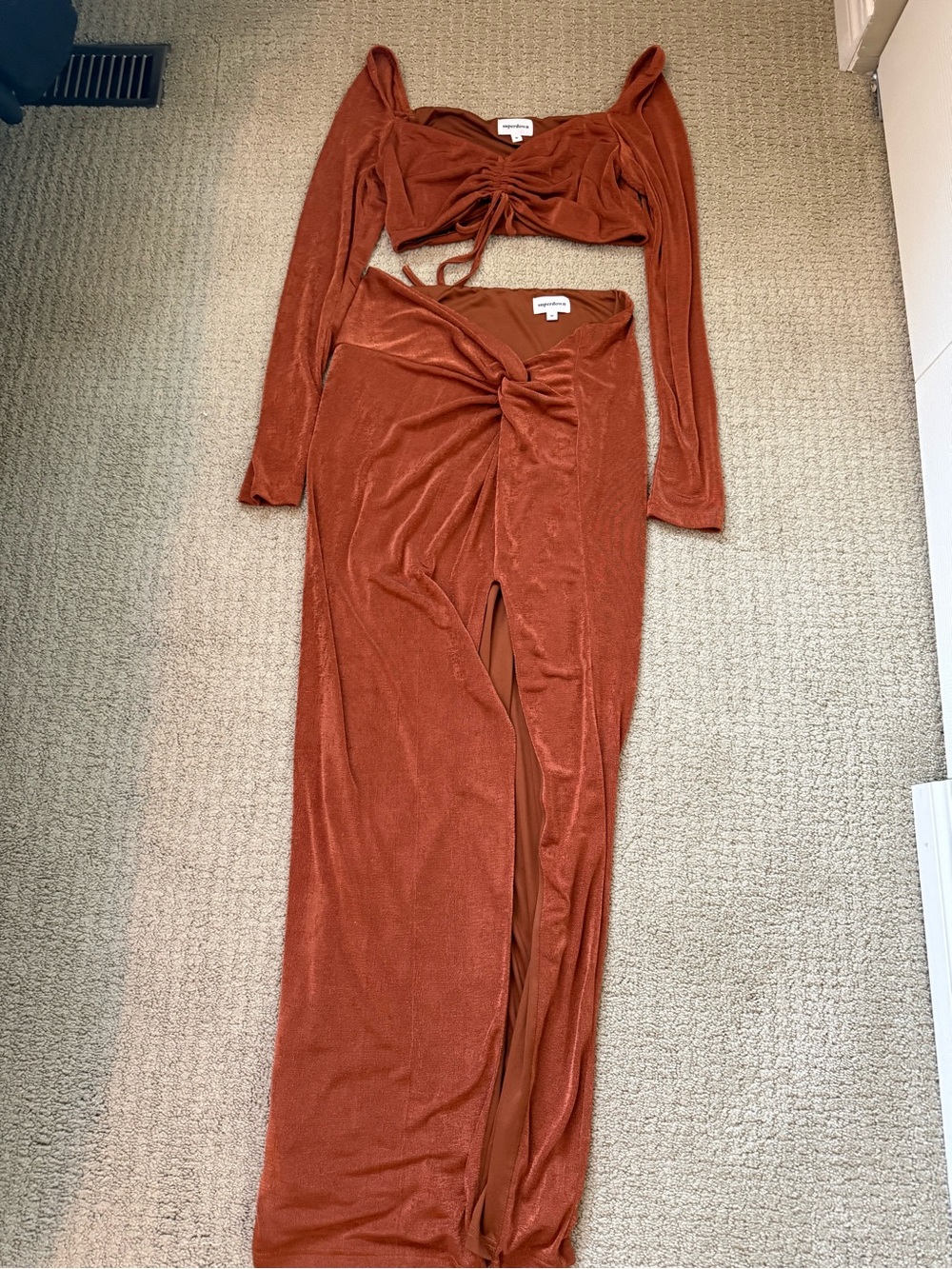 Superdown Rust Velvet Two-Piece Long Set with Twist Front (Never Worn)